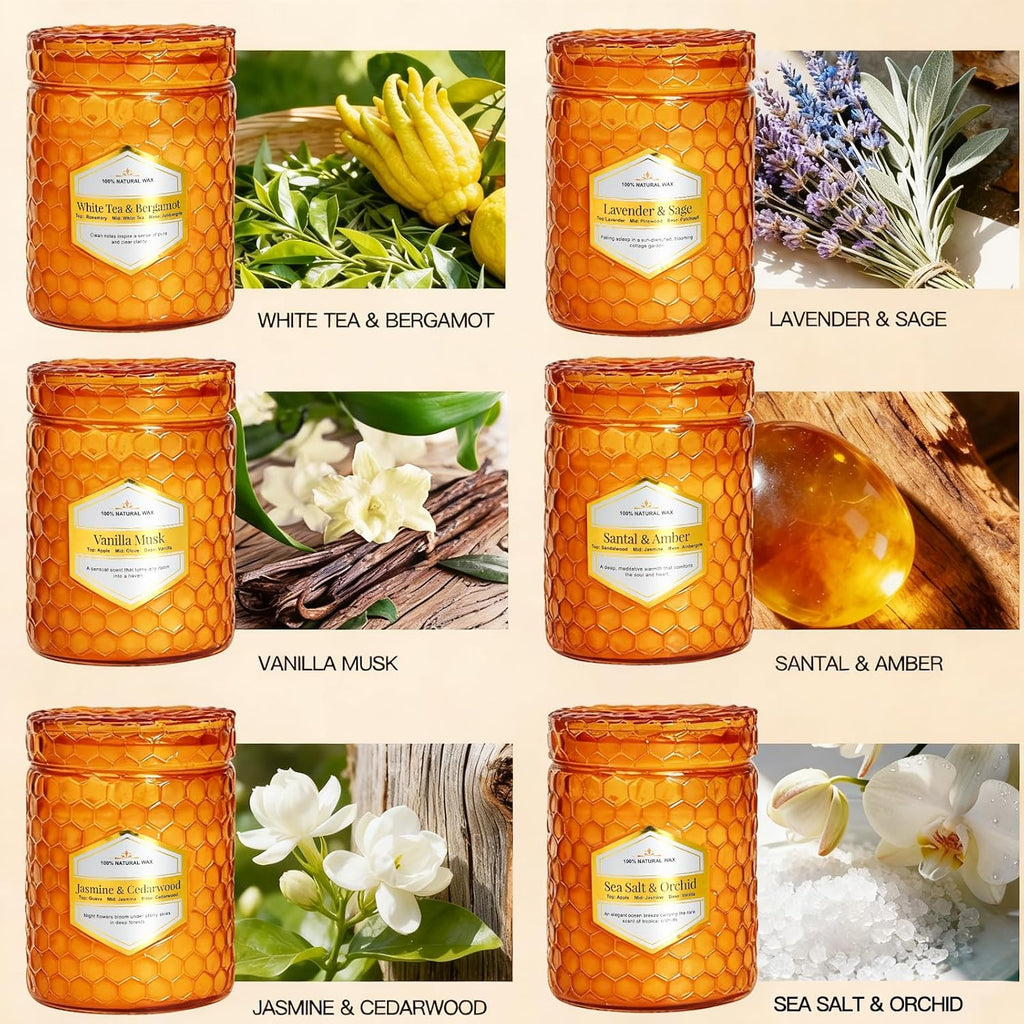 Amber Glass Scented Candles Scented, 5.5 Oz Each Soy Wax Candles, Lavender Sage Candles, Luxury Home Decor - Set of 6