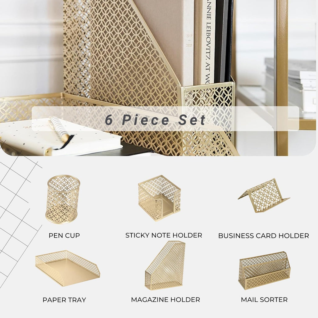 Gold Desk Organizer Set with Mail Sorter, Sticky Note Holder, Pen Cup, Magazine Holder, Letter Tray & Business Card