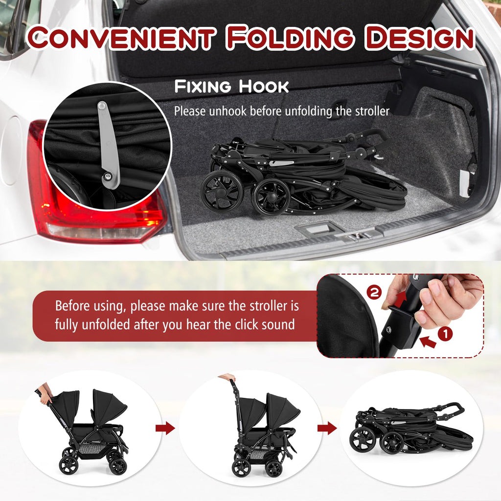 Double Stroller, Foldable Lightweight Infant Twin with Tandem Seating, 5-Point Harness, Recline Seat, Storage Basket