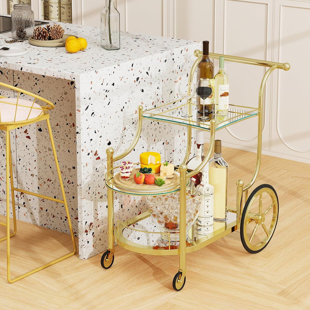 Rolling Bar Cart, Wine Tea Serving Cart with 3-Tier Shelf & 4 Wheels, Tempered Glass Bar and Serving Cart, Metal