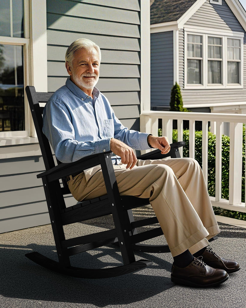 Outdoor Rocking Chair Set of 4, HDPE Rocker for Adults, Black
