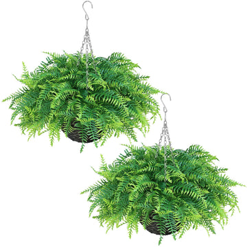 2 Sets Artificial Ferns Plant Hanging Basket for Front Porch Decor(Green)