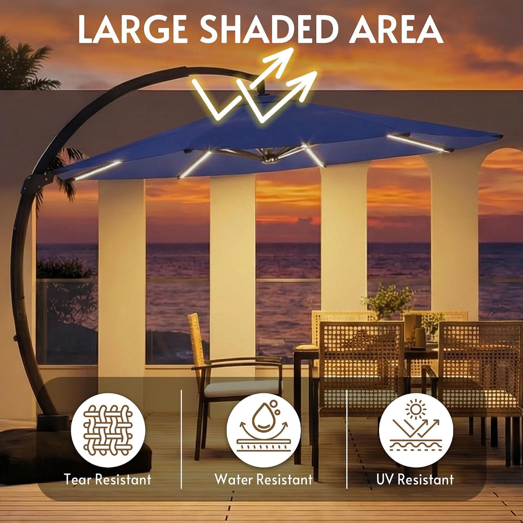 11FT Solar Powered LED Light Cantilever Patio Umbrella with Base Included, Large Cantilever Umbrella with 360°Rotation