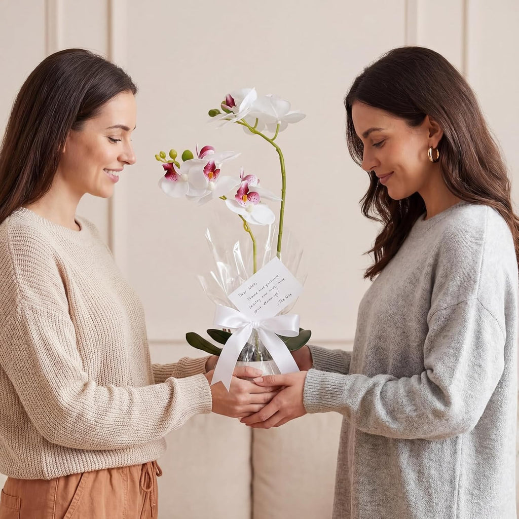 Fake Orchid in Vase Artificial Orchids that Look Real with Pot Artificial Flowers Decor (White)