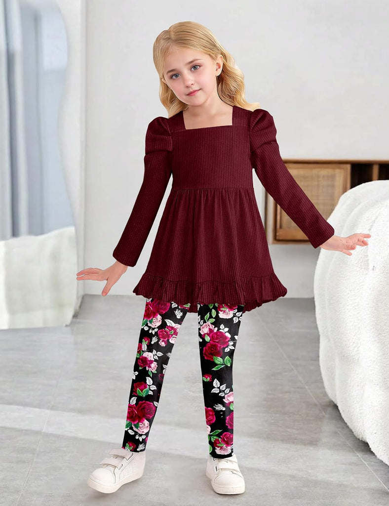 Toddler Girl Clothes Square Neck Ruffle Hem Long Sleeve Top Floral Print Leggings Fall Outfits Kids Clothing Sets
