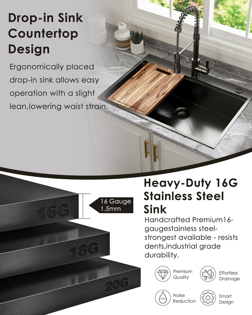 33x22 Gunmetal Black Drop Sink Workstation Sink with Faucet