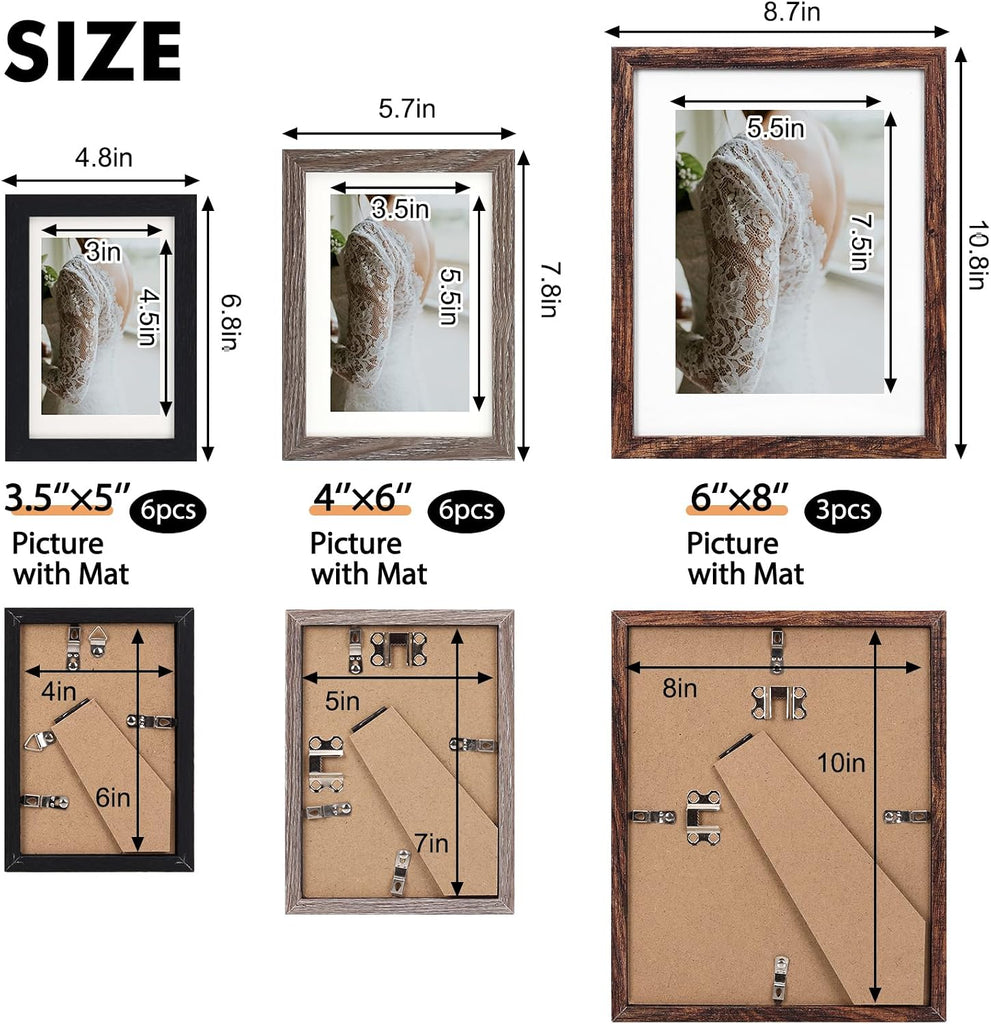 Picture Frames Set, 15 Pack, MDF, Brown Black, 8x10, 5x7, 4x6 | Wall or Tabletop Decor, High-definition Plexiglas