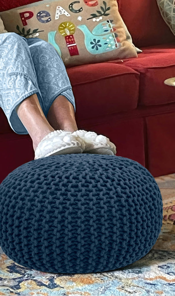 Round Blue Pouf - Hand Knitted Cotton Braid Cord Dori Ottoman