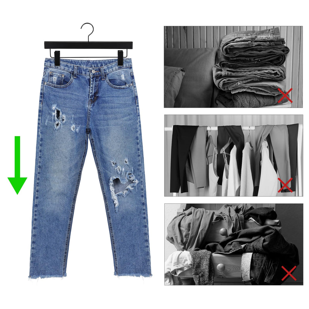 Black Wooden Pants Hangers, Wood Skirt Hangers with Clips, Deluxe Jeans Hanger with 360° Swivel Anti-Rust Flat Hook