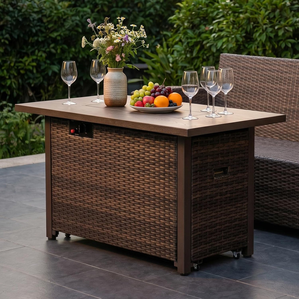42 Inch Rectangular Propane Fire Pit Table with 50,000 BTU Output | 2-IN-1 Gas Fire Pit Table with Lid and Glass