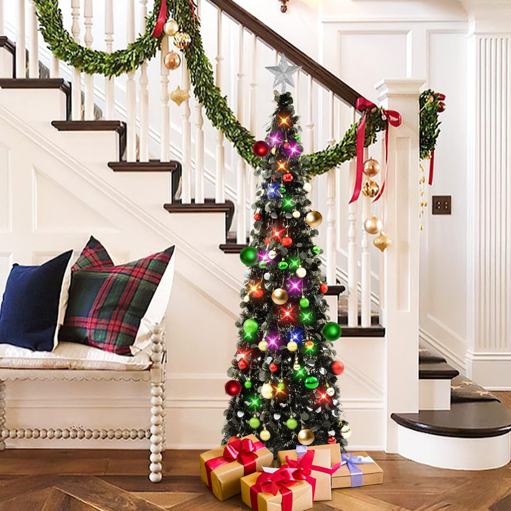 Pop Up Black Tinsel Christmas Tree, 5Ft Collapsible with Lights & 30 Balls, Skinny Christmas Tree Decor for Holiday