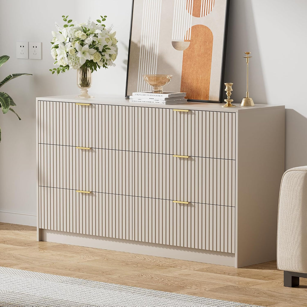Beige Dresser , Modern Dresser with 6 Drawers and Smooth Slides, Wide Chest of Drawers with Golden Handles , Closet