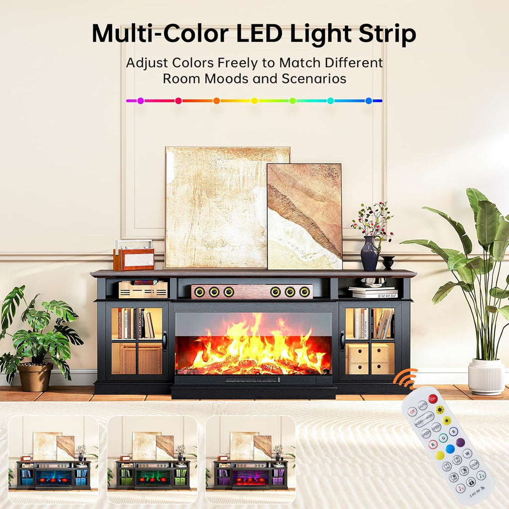70" Fireplace TV Stand, 3 Sided Glass Modern Entertainment Center for TVs Up to 80", TV Console with Storage