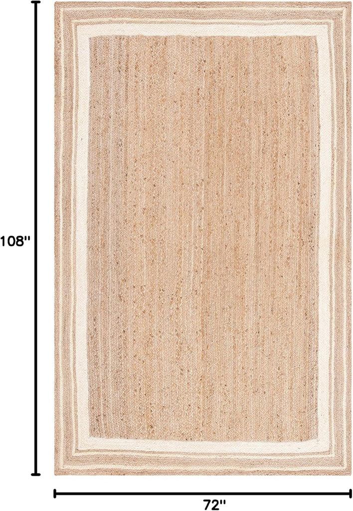 Natural Fiber Collection Area Rug, Ivory & Natural, Handmade Border Farmhouse Jute, Ideal for High Traffic