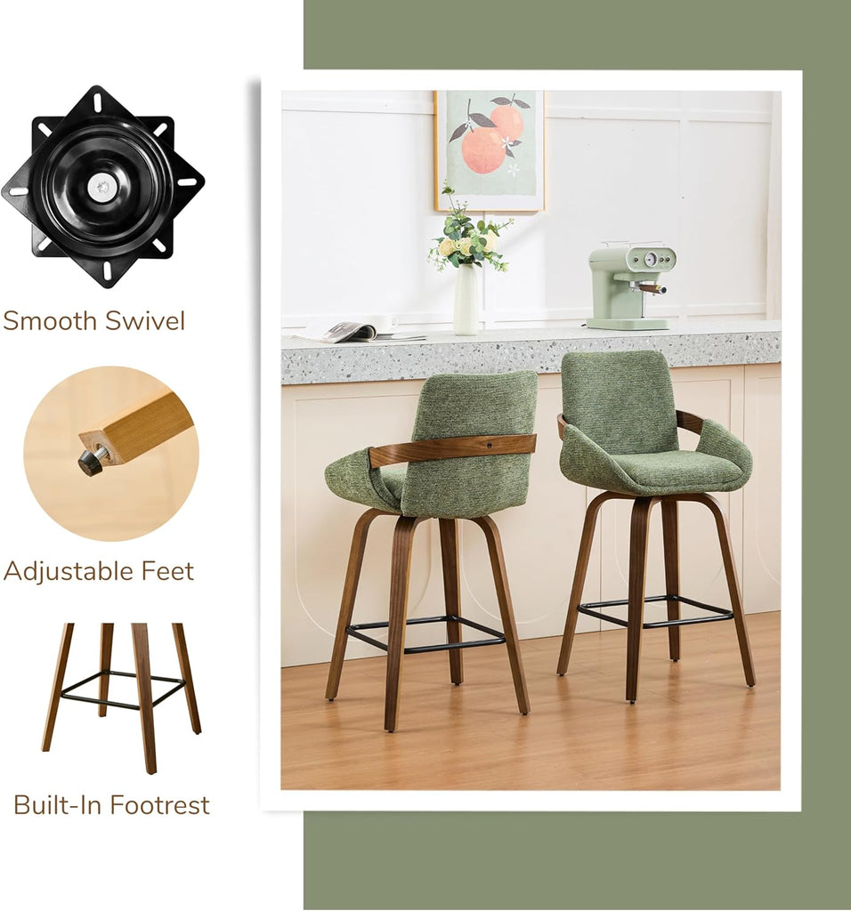 Counter Height Swivel Bar Stools Set of 2, 26" Linen Fabric Counter Stools with Walnut Bentwood Back, Cozy