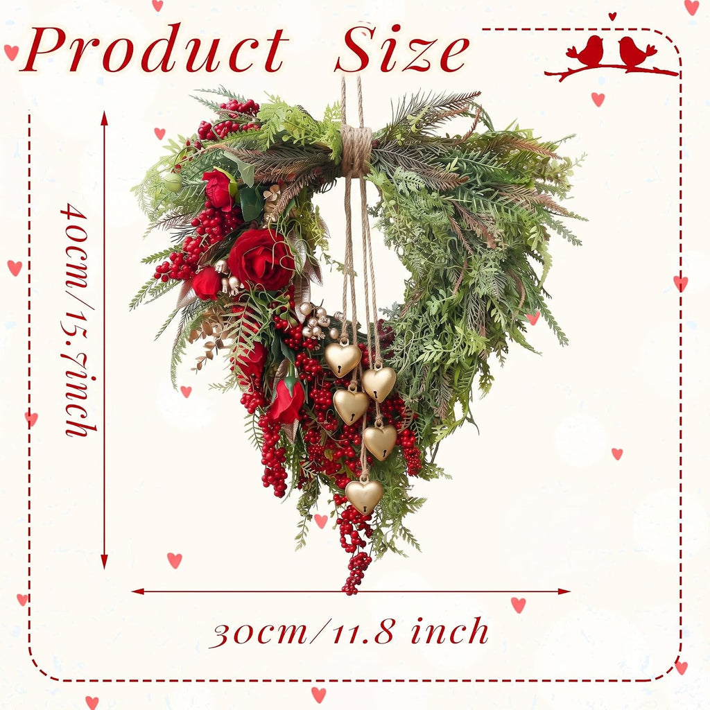 Vintage Spring Wreath 14'' Heart Wreath with 3D Heart Ornaments for Front Door 24'' Long Window Porch Home Wedding