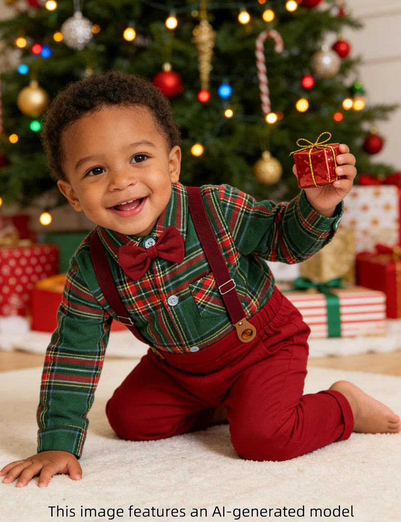 Baby Boys Suits Dress Christmas Outfits Plaid Green and Red
