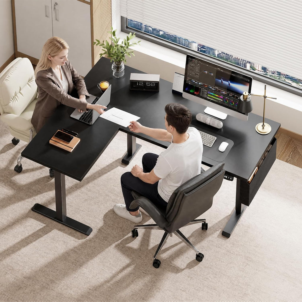 63" L Shaped Standing Desk, Height Adjustable, LED, Memory Presets | Reversible, Ergonomic Sit to Stand Computer Desk