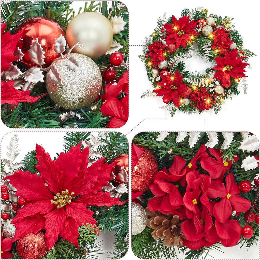 Pre-Lit Christmas Wreath for Front Door, 24 Inch Large Xmas Wreath for Holiday Decor, Battery Operated Xmas Lighted
