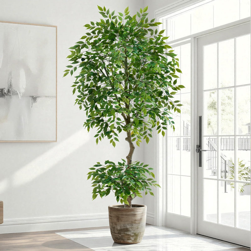 7ft Tall Ficus Artificial Trees with Double-Layered Canopy, Large Fake Floor Tree with Natural Curved Trunk, Lush