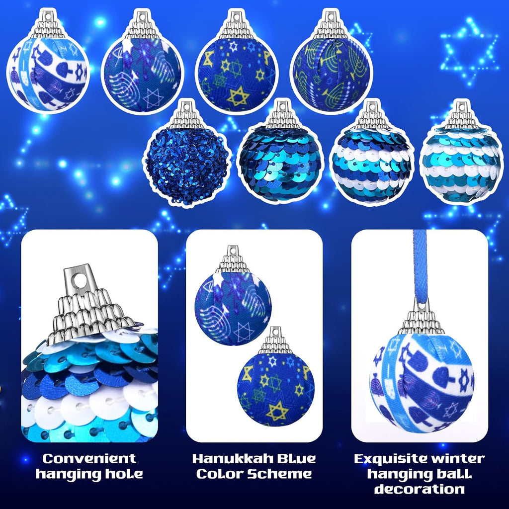 Hanukkah Ball Ornaments Blue White for Tree Party Decor - Set of 24