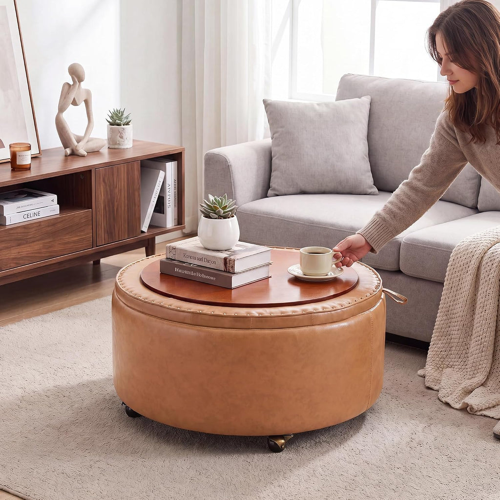 29" Large Round Storage Ottoman with Tray , Camel | Round Ottoman Coffee Table with Storage, Poofs/Ottomans Footrest