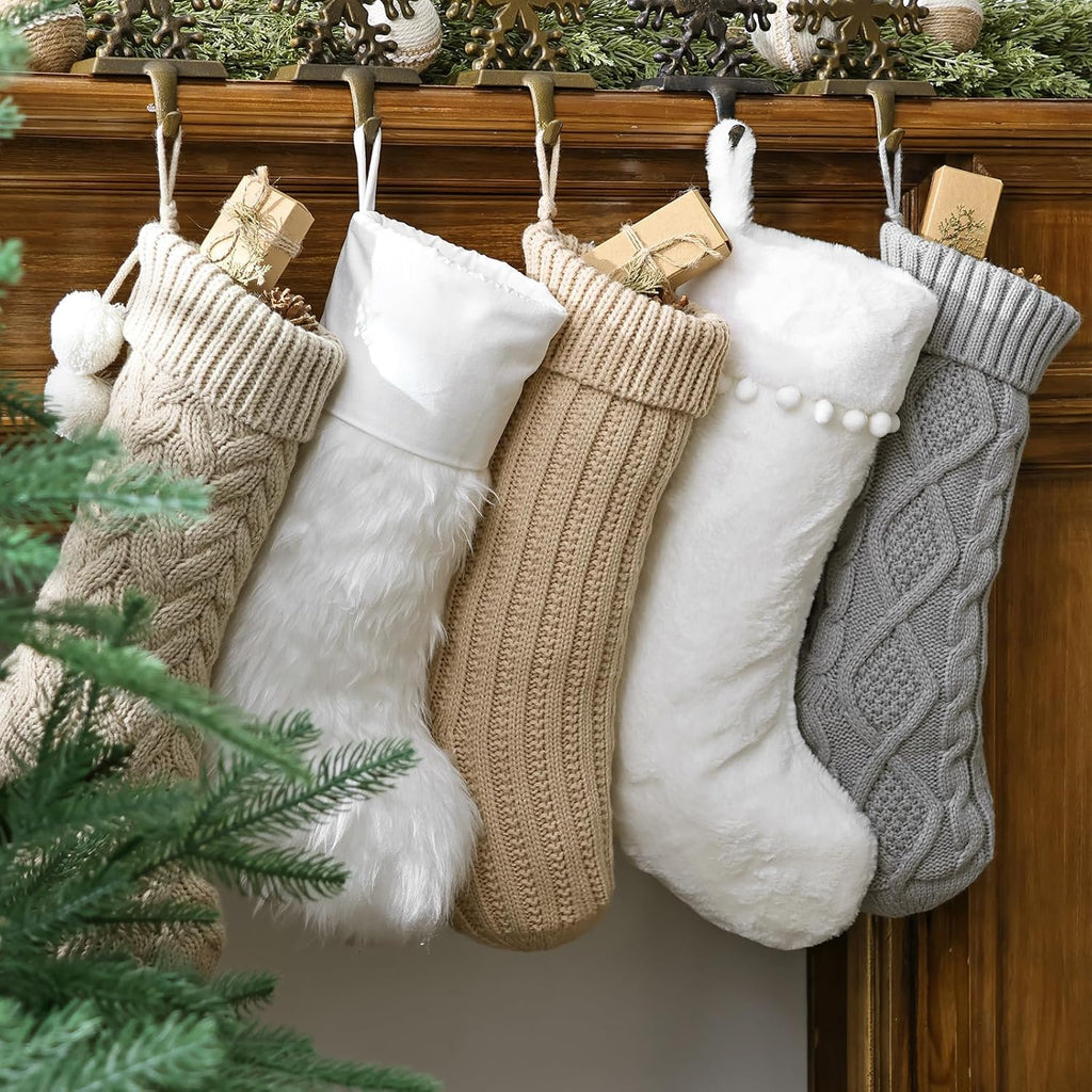 S: 5 Pack 18 inch Farmhouse Plush Faux Fur & Cable Knitted Fireplace Xmas Stockings, Hanging Gifts Cozy Personalized - Set of 5