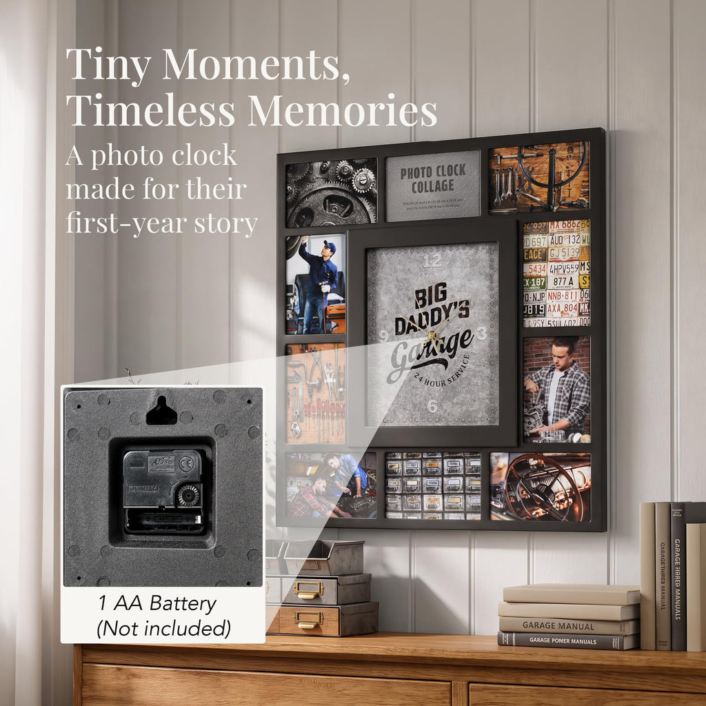 Picture Frame Collage Clock - 10 Photo Display Slots - Big Daddy's Garage Wall Mounted Modern Wall Decor - Wall Clock