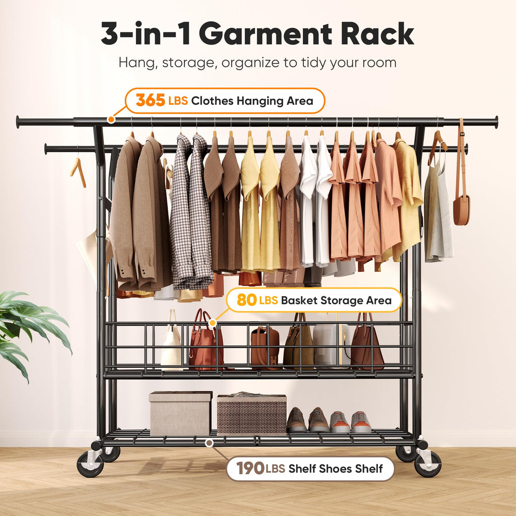 Heavy Duty Clothes Rack Load 635 LBS Adjustable Double Rod Black
