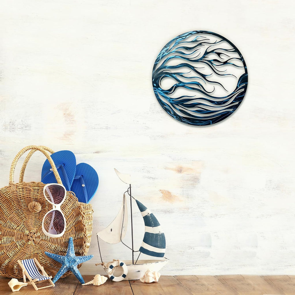 Blue Abstract Wave Metal Wall Art, Nautical Decor