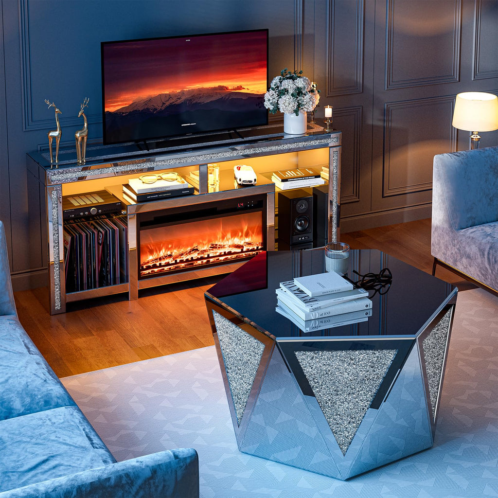 Mirrored Coffee Table with Crushed Diamond, Luxury Hexagon Silver Coffee Table, Living Room Table for Art Deco Office