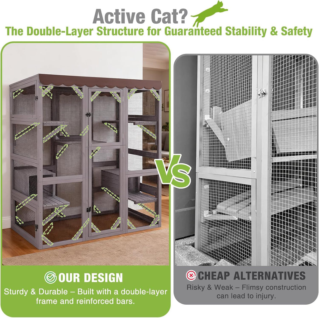 Catio Outdoor Cat Enclosure 70" Large Wooden Cat House Walk-in Cat Cage Kitty Shlter Playpen with 7 Platforms, 2