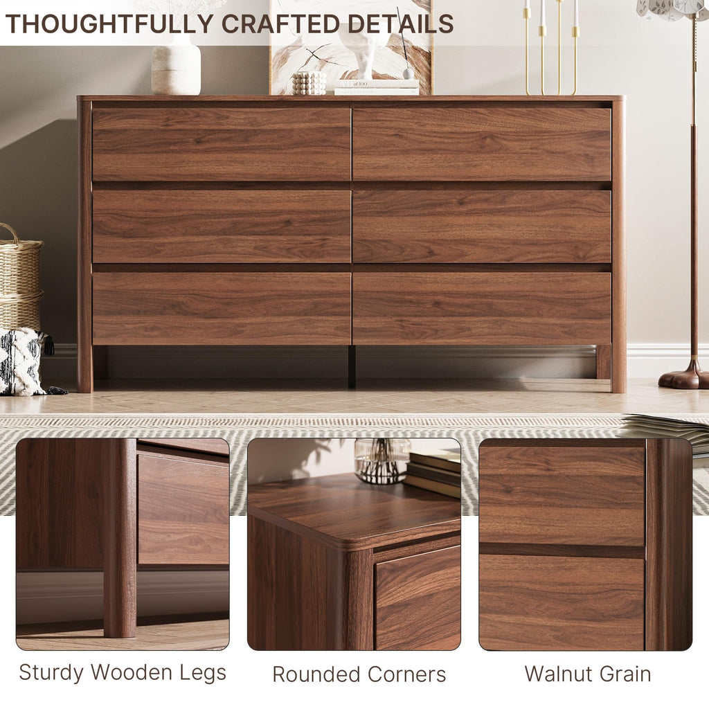 Walnut 6 Drawer Dresser, 55"Wide Modern Wood Dresser