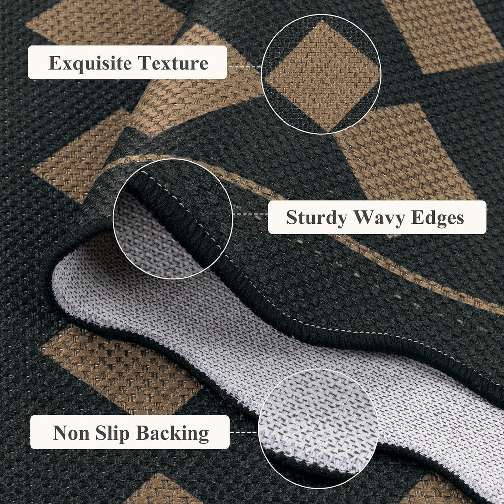 Checkered Hallway Runner Rug 2x6, Non Slip Washable Mat, Black
