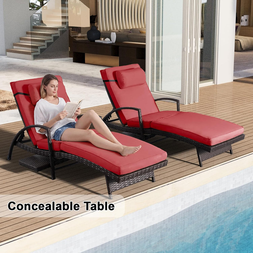 Outdoor Chaise Lounge Set of 2, Patio Lounge Chairs with Side Table,Red | Patio chaise lounges feature 6-position