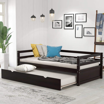 Twin Size Wood Daybed with Trundle No Box Spring Required (Espresso Trundle Daybed)