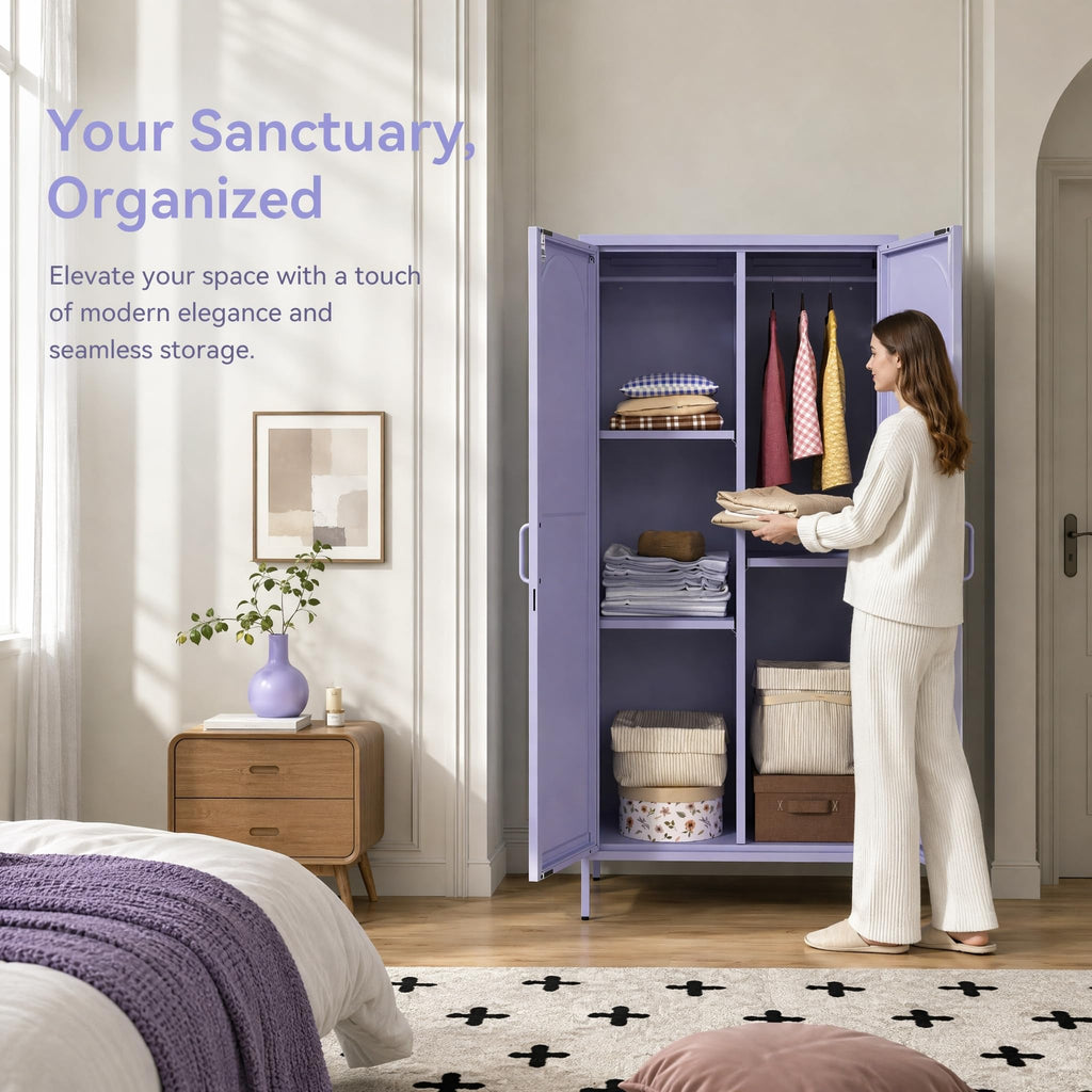 Purple Lockable Armoire Wardrobe Closet Storage Cabinet with Hanging Rod, 67" Metal Wardrobe Cabinet with 2 Doors and