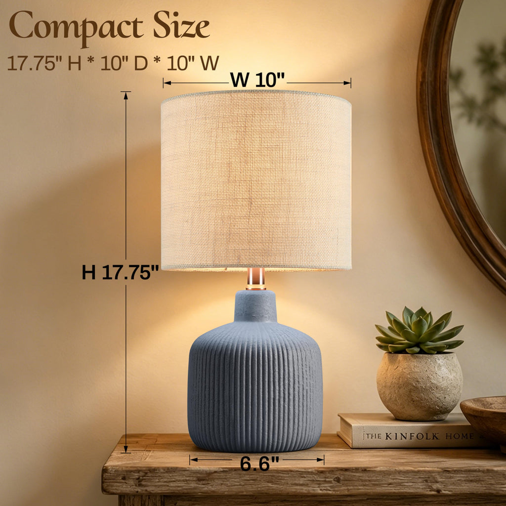 Ceramic Table Lamp, 17.75" Nautical Bedside Lamp with Beige Linen Shade, Warm Ambient Nightstand Lighting for Beach