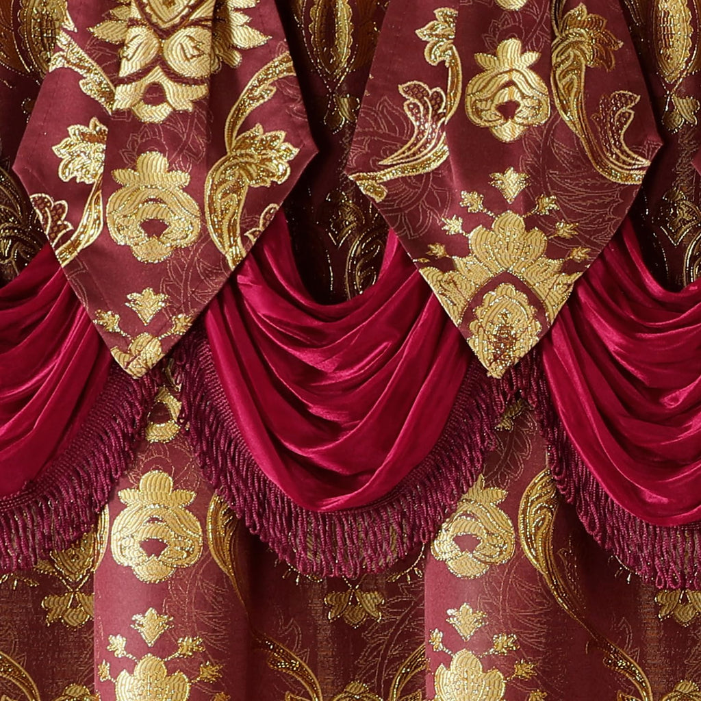 Burgundy Paisley Jacquard Curtains, Victorian Luxury Window Curtains 2 Panels Set with Attached Valance and Sheer