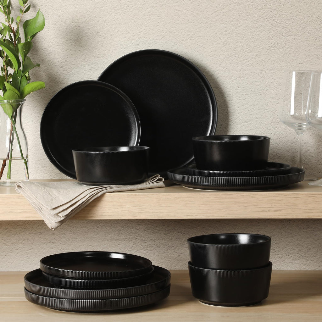 Dempsey Road 12-Piece Stoneware Dinnerware Set - Service for 4, Round Black Plates and Bowls, Durable Solid Color