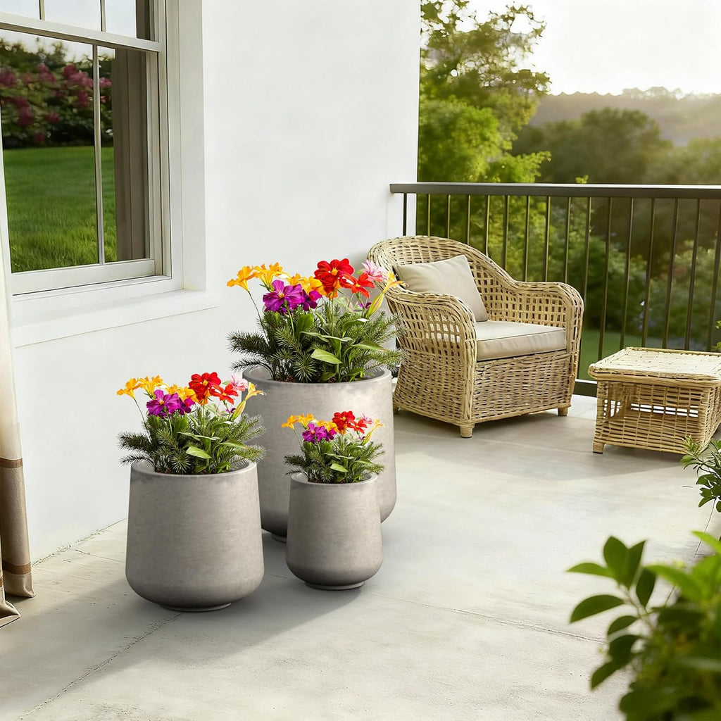 Set of 3 Weathered Concrete Curved Round Planters for Modern Home | Handcrafted, Premium, Durable, All-Weather Cement