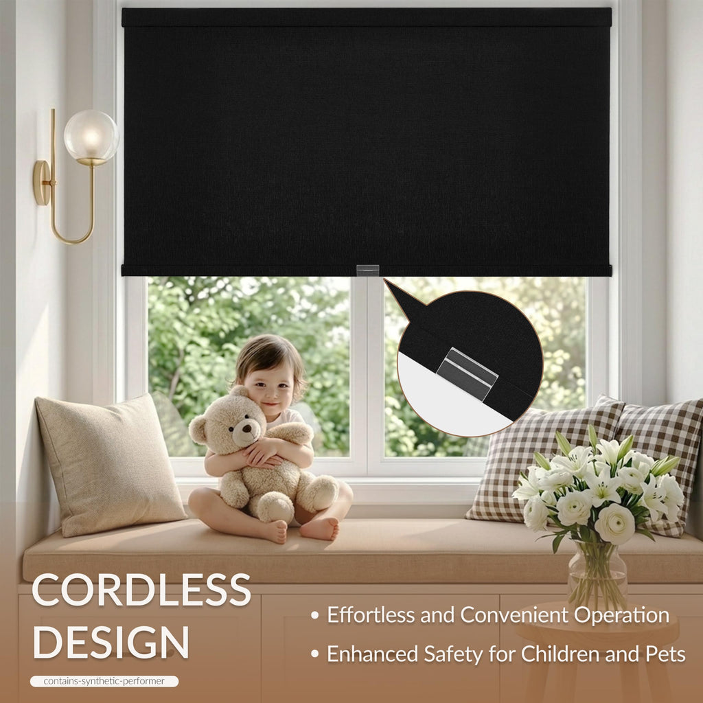 Blackout Linen Roller Shades for Windows, Black