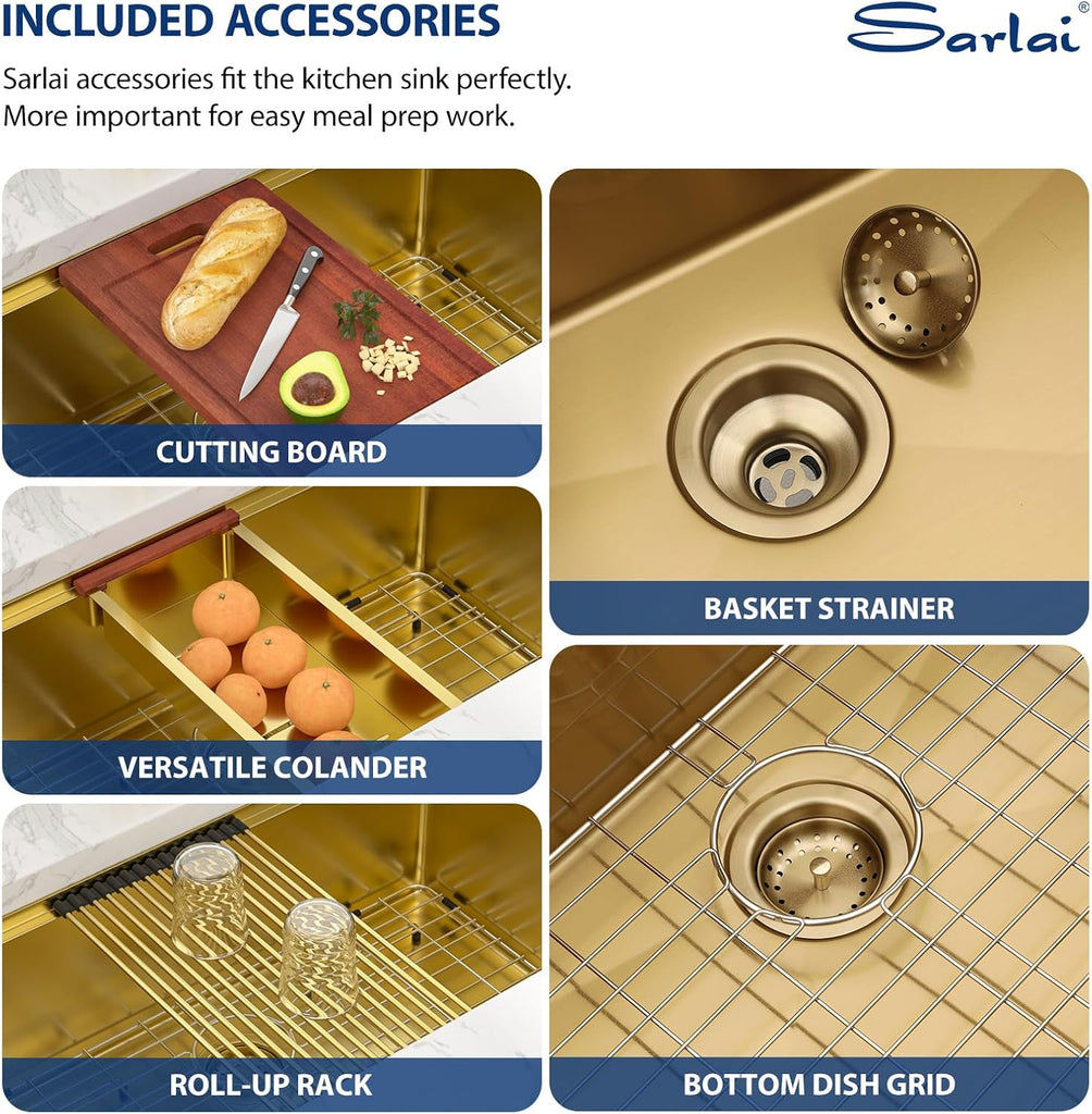32 Gold Undermount Kitchen Sink 32" x19" Gold Sinks Workstation | 10" Deep 16 Gauge Stainless Steel Single Bowl Round