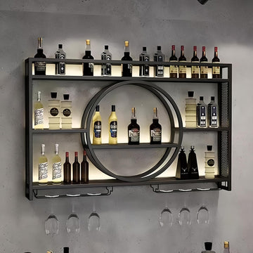 39 Inch Metal Wall Mounted Wine Rack, 3 Tier Bar Shelves with Glass Holder, Large Capacity Modern Liquor Shelves Bar