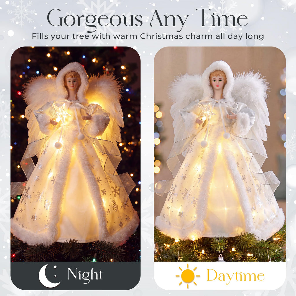 Lighted Christmas Tree Topper Angel, 12 Inch Silver & White Angel Tree Topper w/Feather Wings, 8 Lighting Modes for