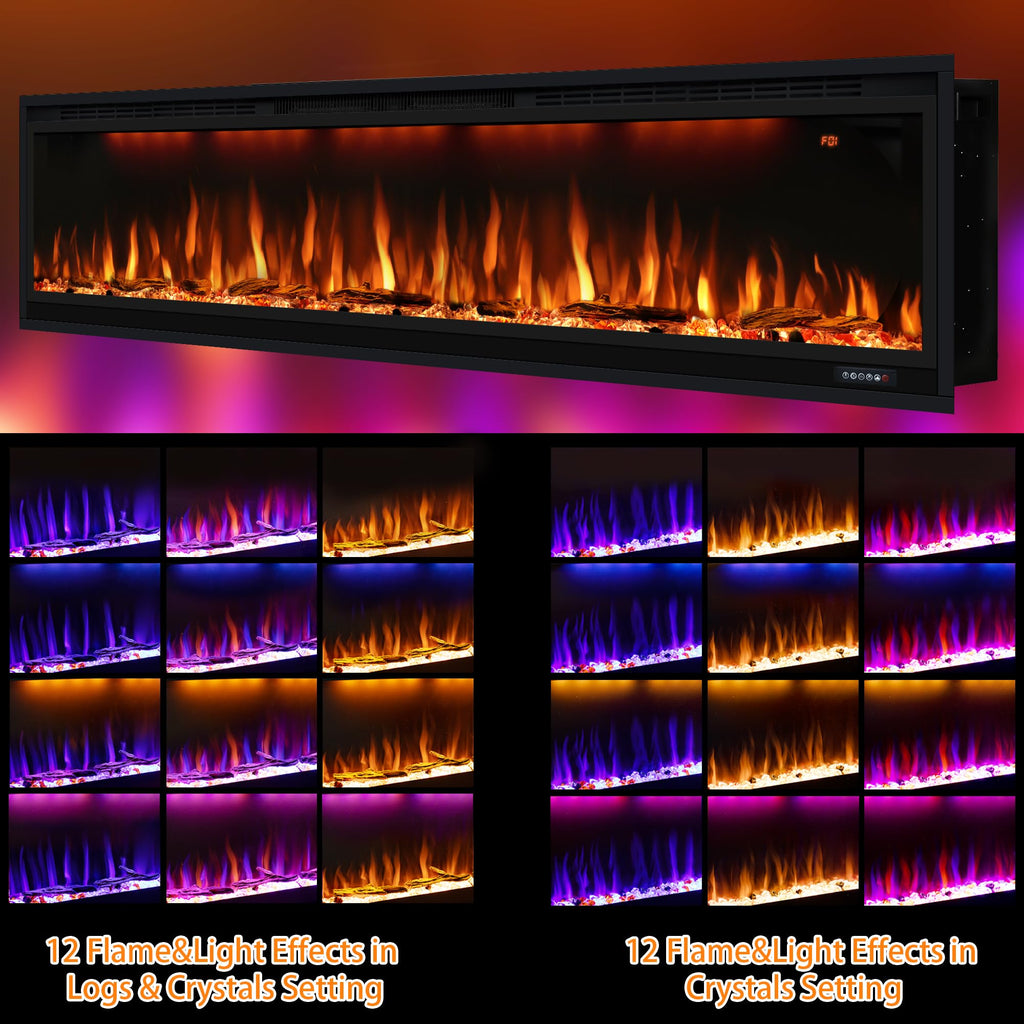 74 inch Electric Fireplace, Smart Fireplace Insert recessed in Wall and Wall Mounted fire Place Heater with Metal