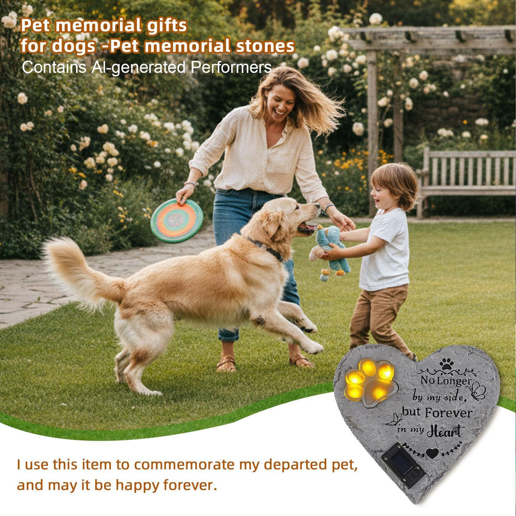 Pet Memorial Stone Solar Lighted Glowing Paw Print Heart Statue 10"