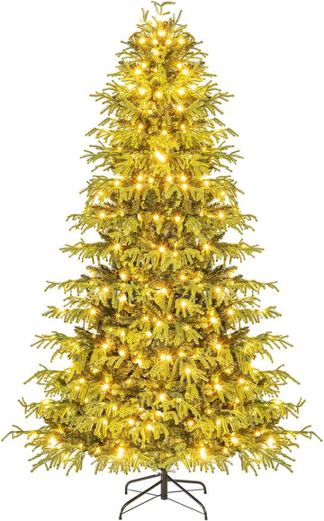 7 FT Pre-Lit Artificial Christmas Tree, Hinged Full Xmas Tree with 1090 PVC & Soft TPE Branch Tips, 370 Warm White