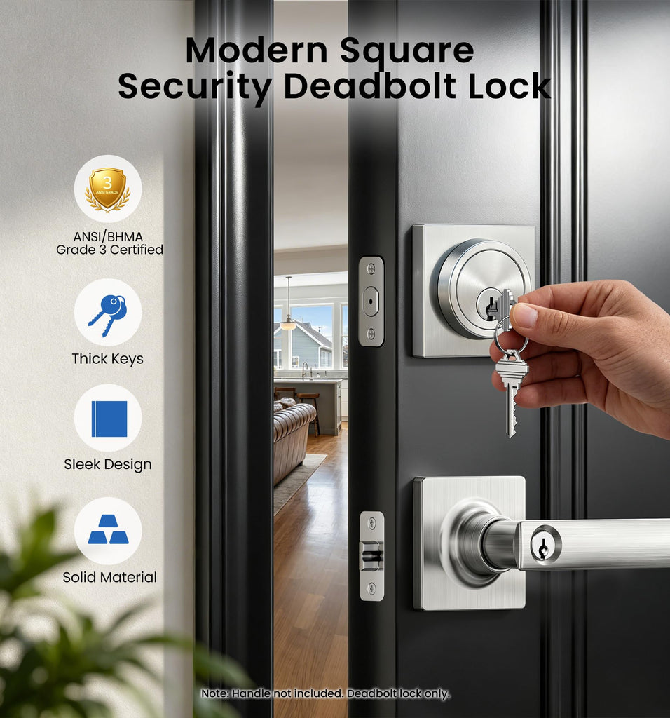 Modern Square Deadbolt, Satin Nickel Single Cylinder Door Lock ANSI 3