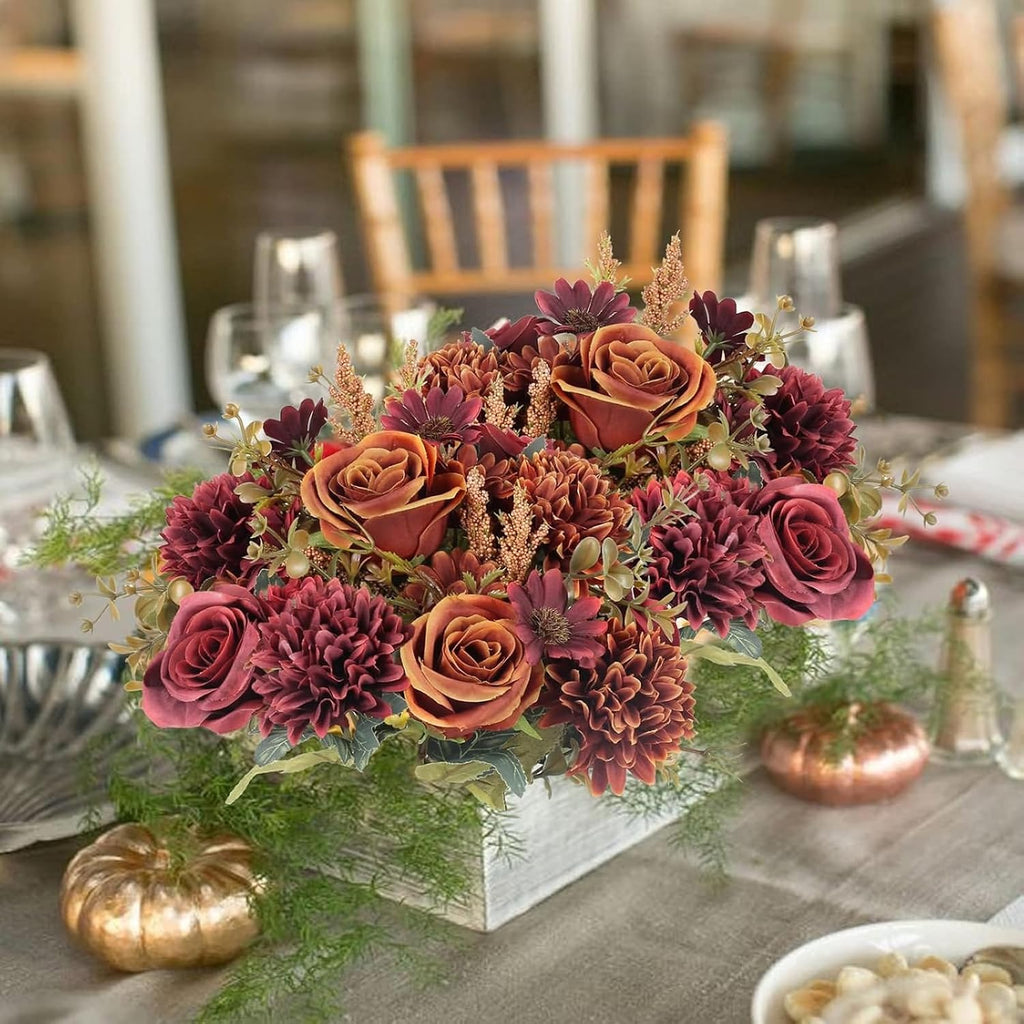 Artificial Fall Flowers, Fake Silk Fall Flowers, Orange+Red - Set of 2